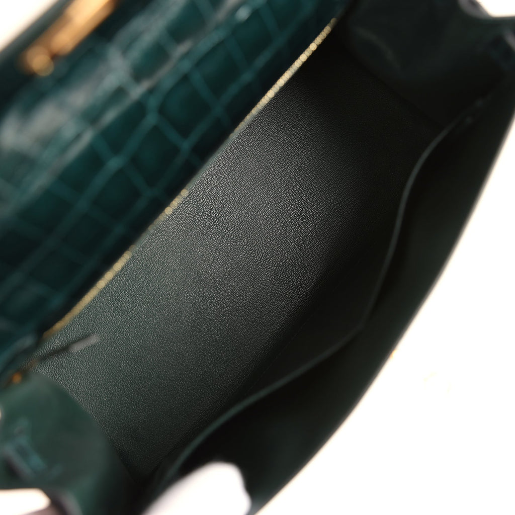Pre-owned Hermes Kelly Sellier 28 Vert Cypres Shiny Niloticus Crocodile Gold Hardware