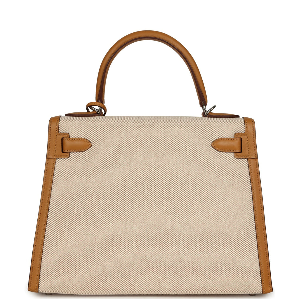 Pre-owned Hermes Kelly Sellier 28 Beige & Ecru Toile H Canvas and Sesame Swift Palladium Hardware