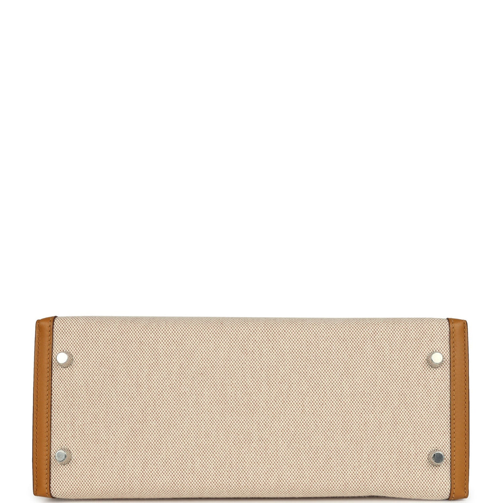 Pre-owned Hermes Kelly Sellier 28 Beige & Ecru Toile H Canvas and Sesame Swift Palladium Hardware