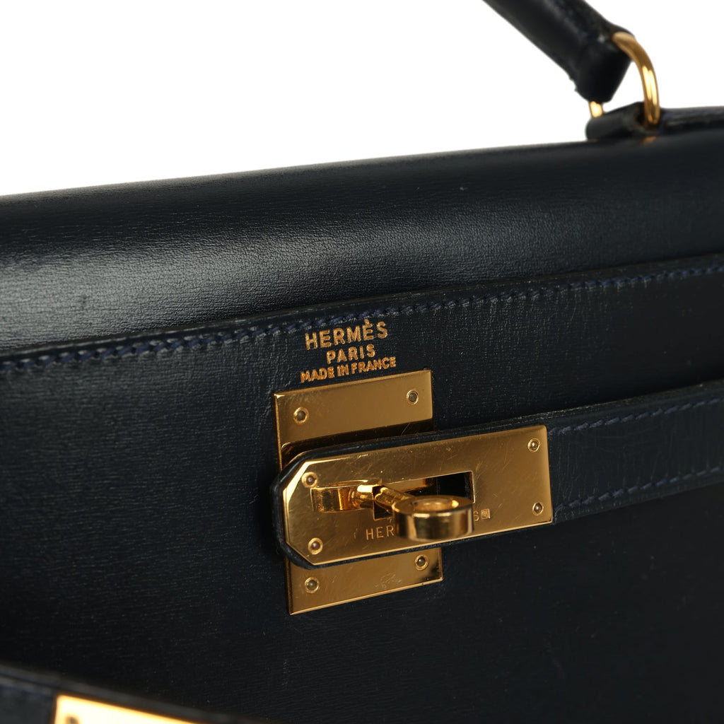 New Hermes Kelly Sellier 28 Bleu Marine Box Gold Hardware