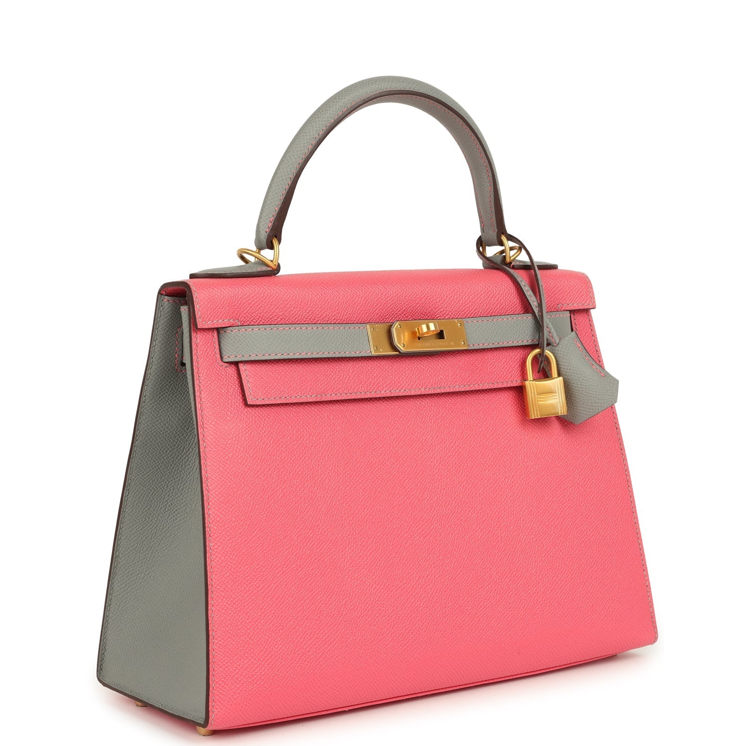 Pre-owned Hermes Special Order (HSS) Kelly Sellier 28 Rose Azalee and Gris Mouette Epsom Brushed Gold Hardware