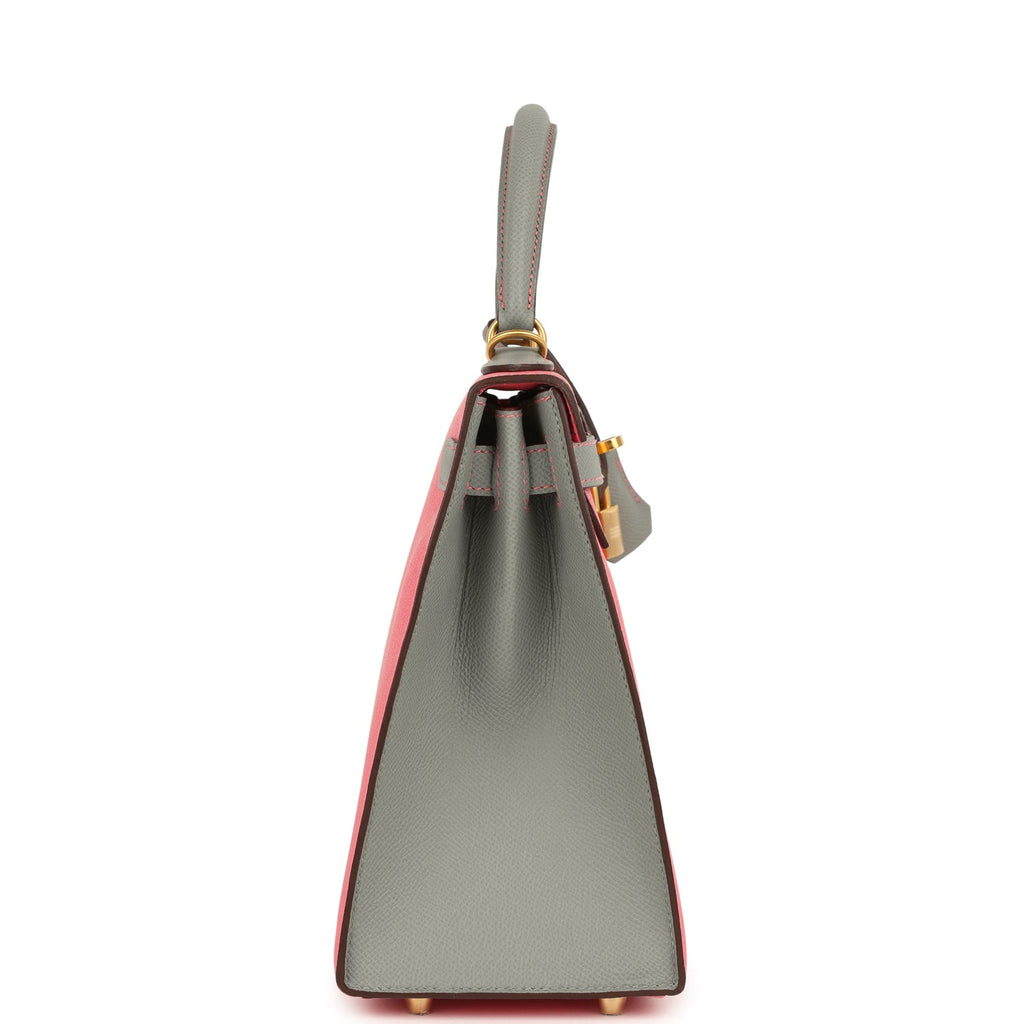 Pre-owned Hermes Special Order (HSS) Kelly Sellier 28 Rose Azalee and Gris Mouette Epsom Brushed Gold Hardware