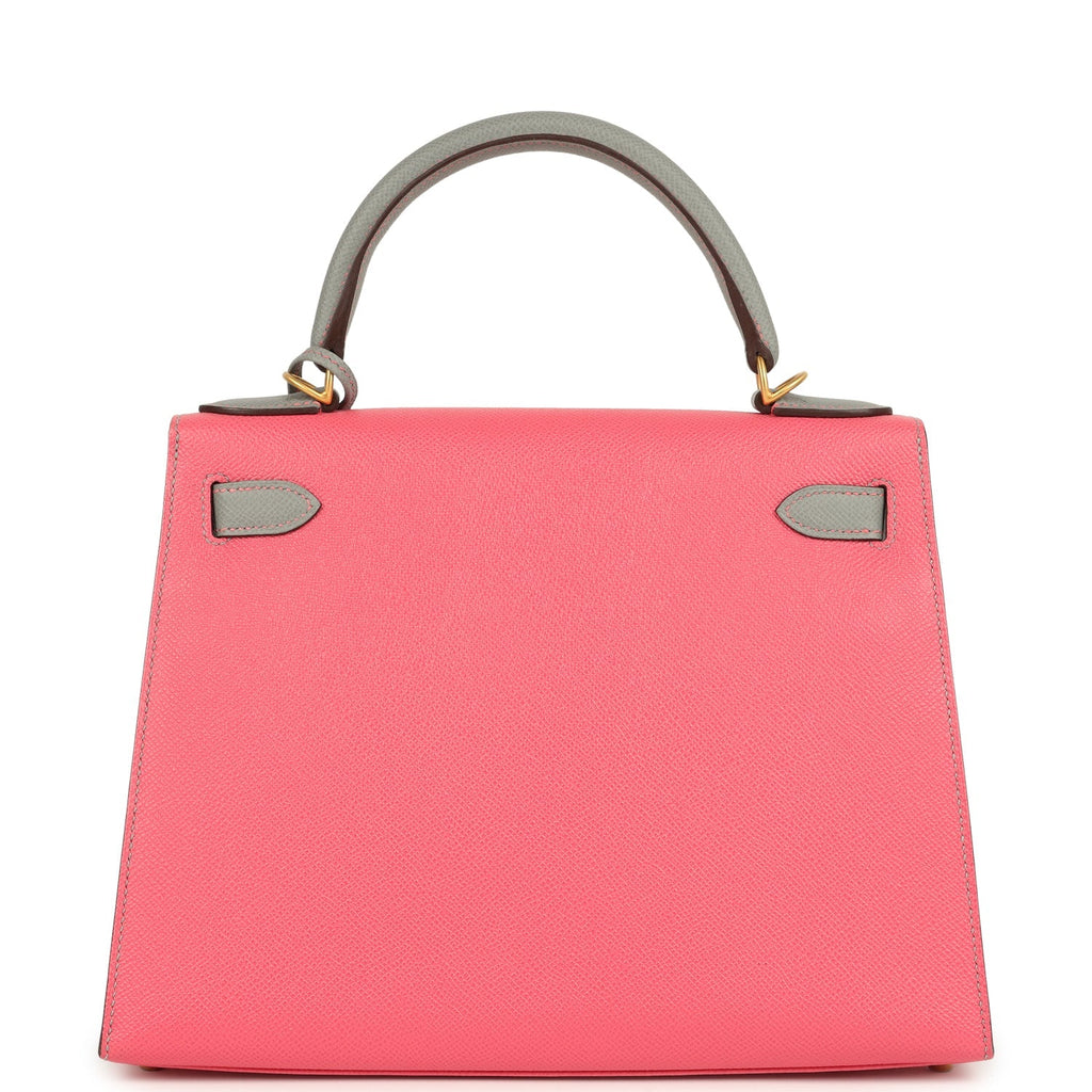 Pre-owned Hermes Special Order (HSS) Kelly Sellier 28 Rose Azalee and Gris Mouette Epsom Brushed Gold Hardware