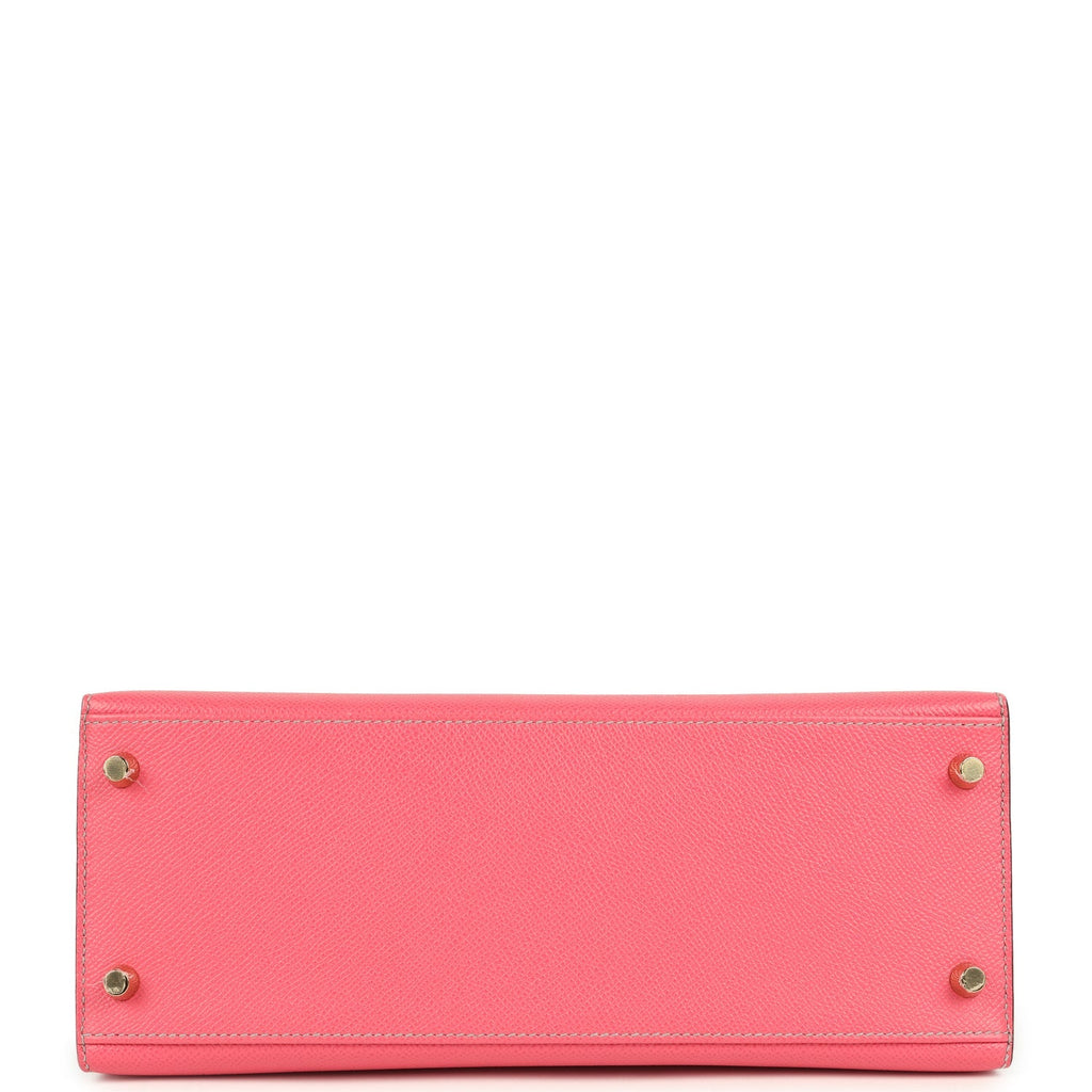 Pre-owned Hermes Special Order (HSS) Kelly Sellier 28 Rose Azalee and Gris Mouette Epsom Brushed Gold Hardware