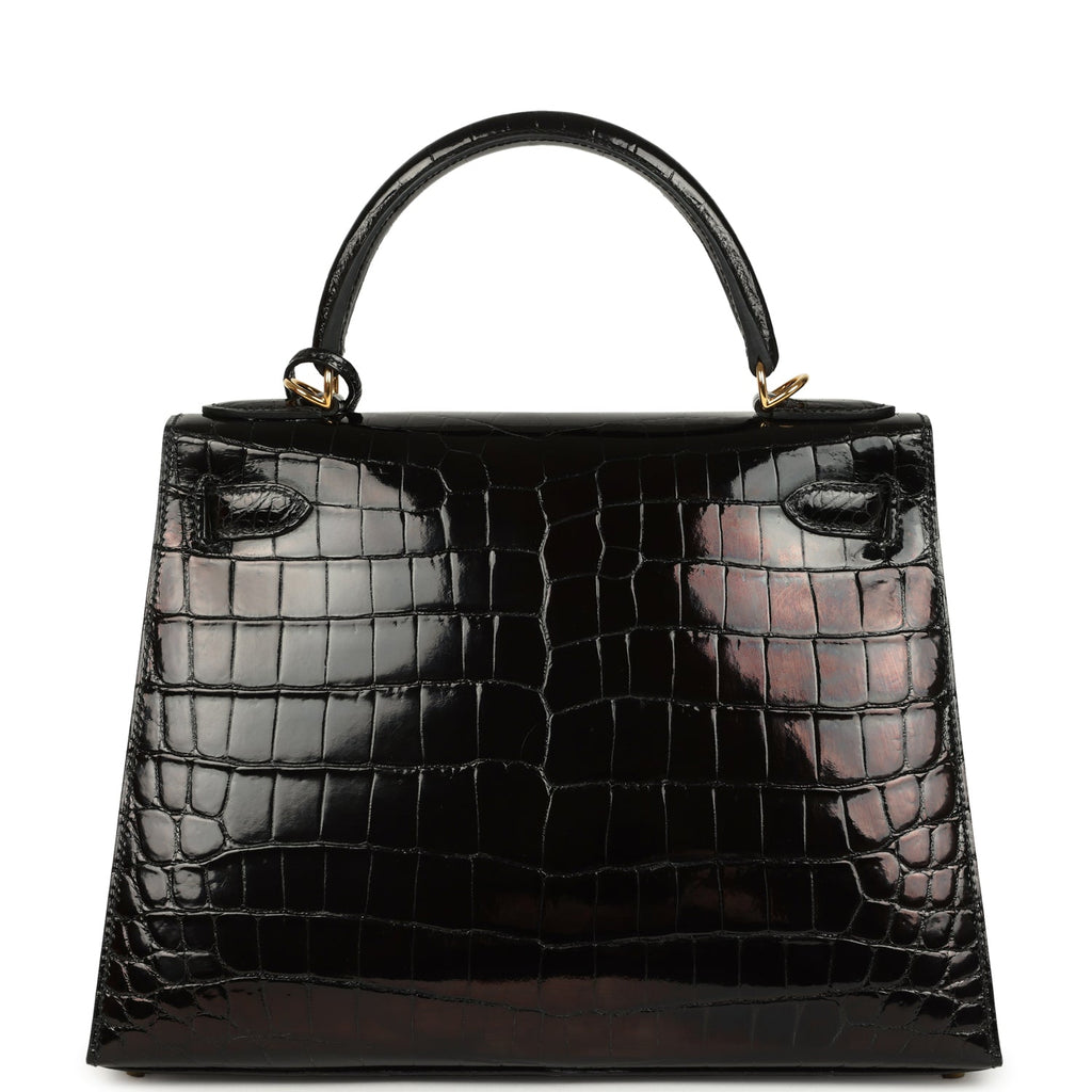 Pre-owned Hermes Kelly Sellier 28 Black Shiny Niloticus Crocodile Gold Hardware