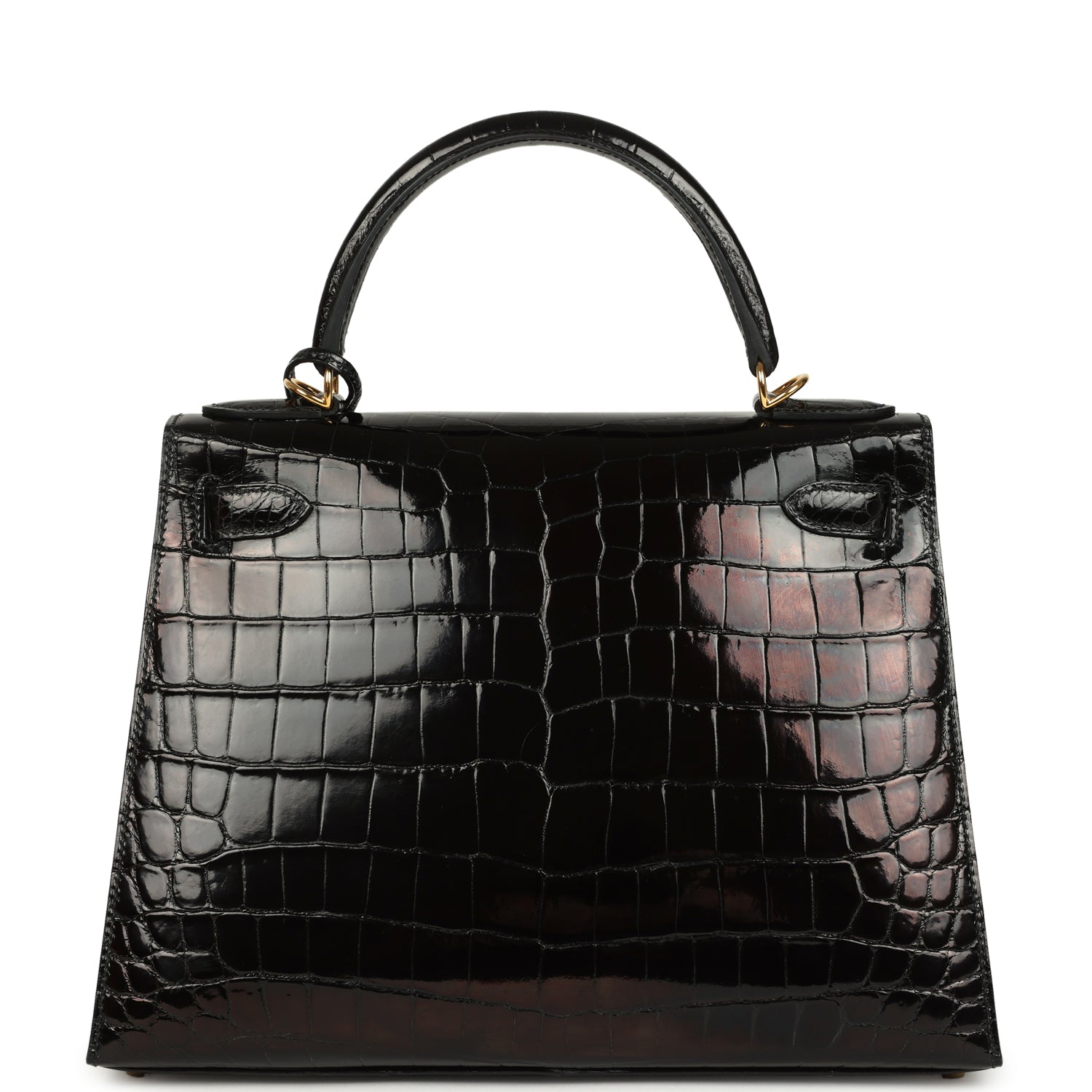 Pre-owned Hermes Kelly Sellier 28 Black Shiny Niloticus Crocodile Gold Hardware