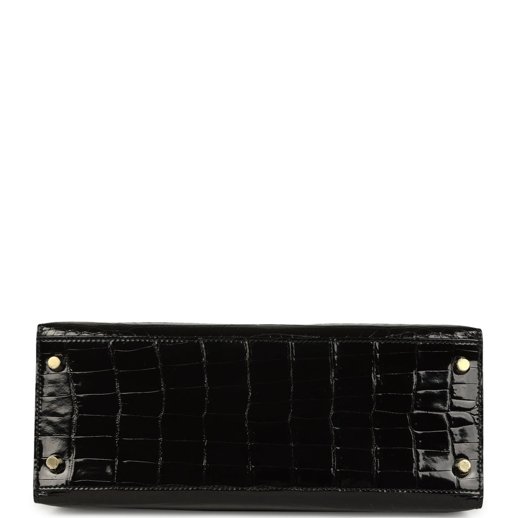 Pre-owned Hermes Kelly Sellier 28 Black Shiny Niloticus Crocodile Gold Hardware