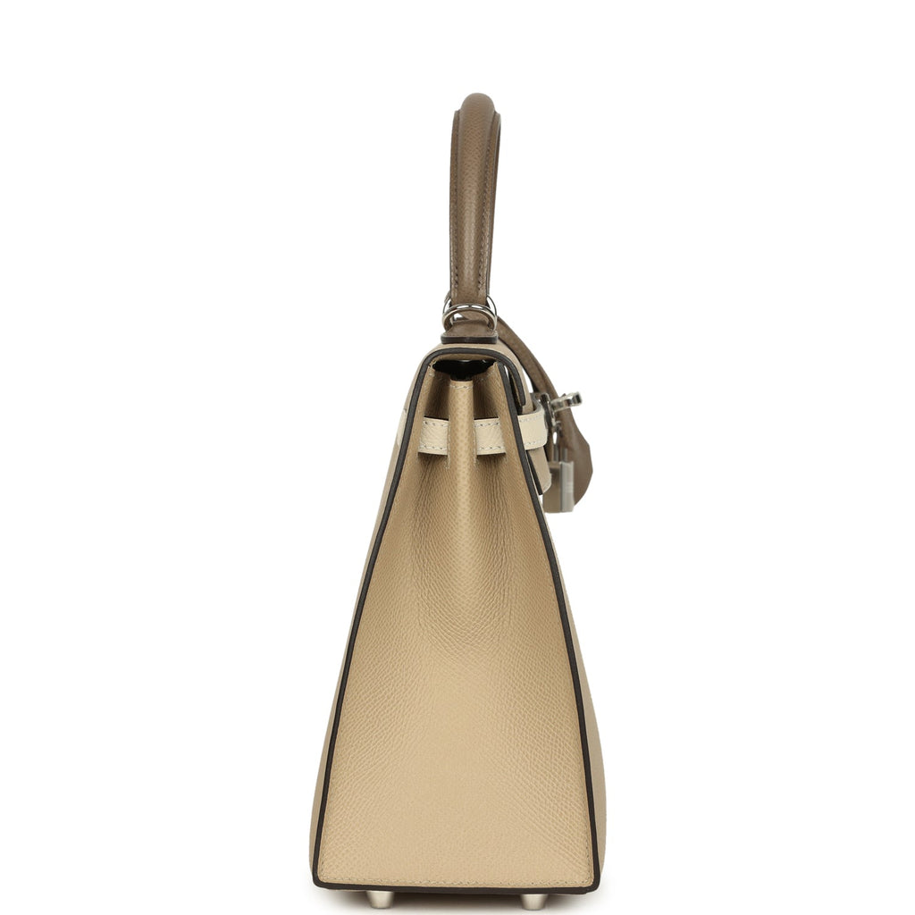 Hermes Kelly Sellier 25 Tri-Color Etoupe, Craie, Trench Epsom Palladium Hardware