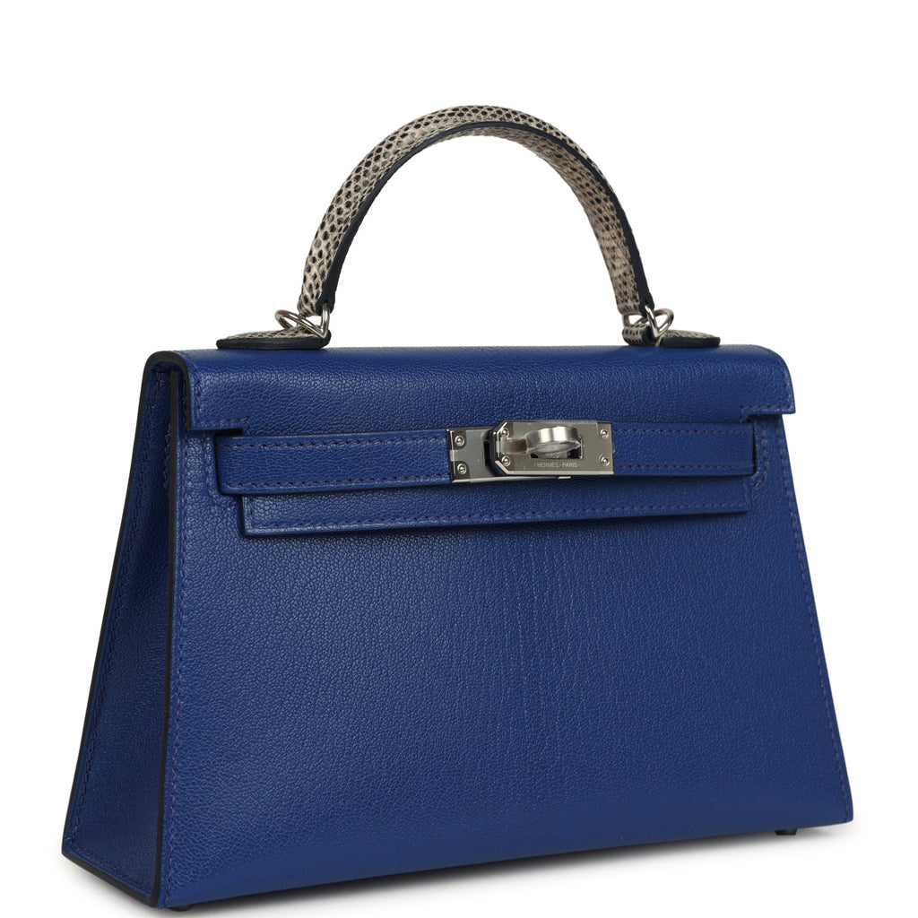 Hermes Kelly Sellier 20 Bleu Royal Chevre Chamkila and Ombre Varanus Salvator Lizard Touch Palladium Hardware