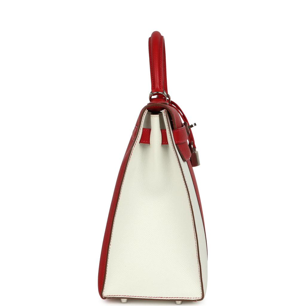 Pre-owned Hermes Flag Kelly Sellier 32 Rouge Casaque and White Epsom Palladium Hardware