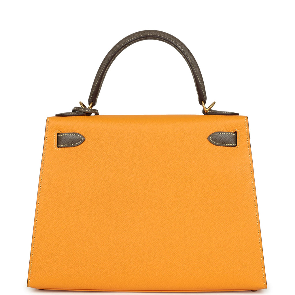 Pre-owned Hermes Special Order (HSS) Kelly Sellier 28 Jaune Ambre and Etoupe Epsom Brushed Gold Hardware