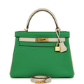 Pre-owned Hermes Special Order (HSS) Kelly Retourne 28 Bambou and Craie Togo Brushed Gold Hardware