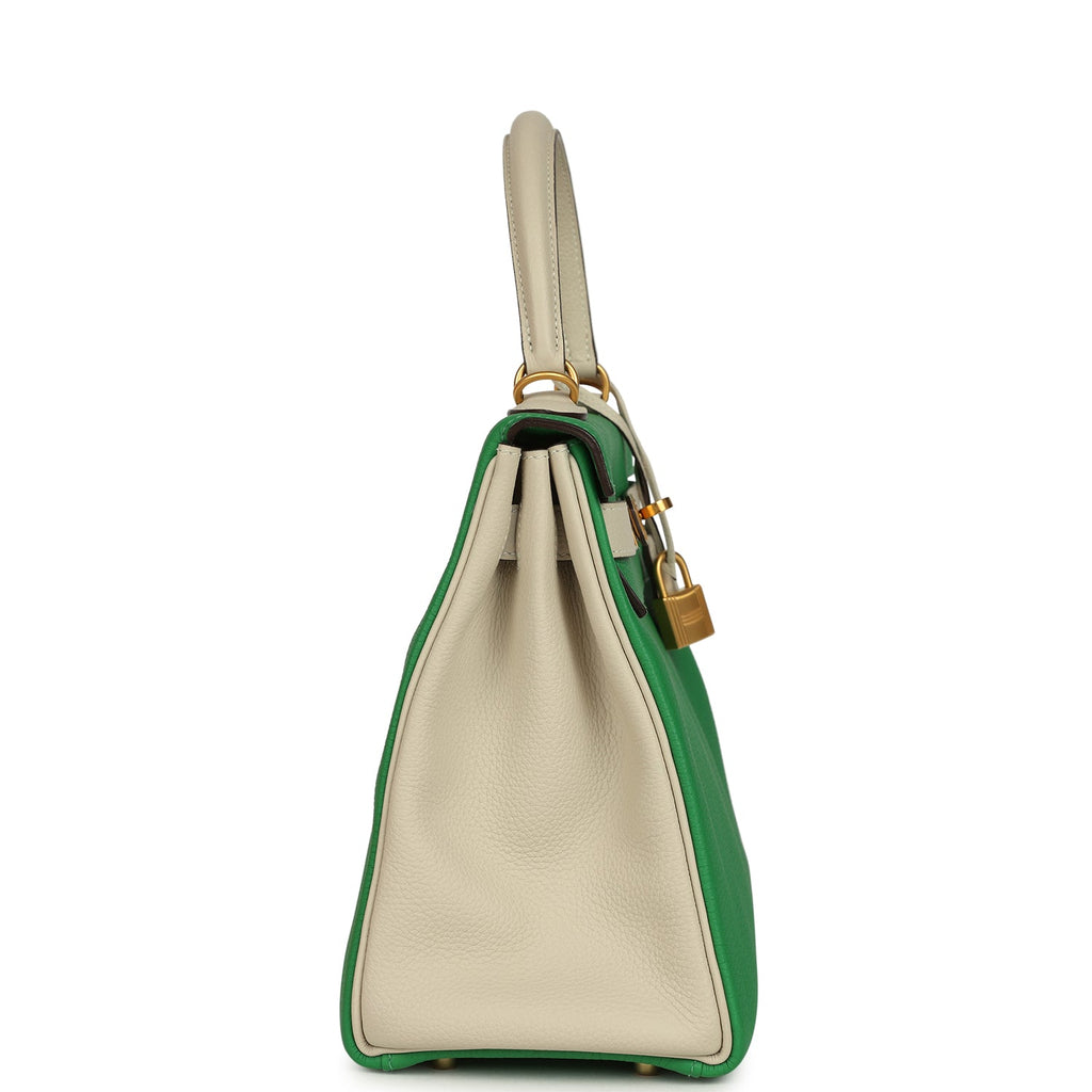Pre-owned Hermes Special Order (HSS) Kelly Retourne 28 Bambou and Craie Togo Brushed Gold Hardware