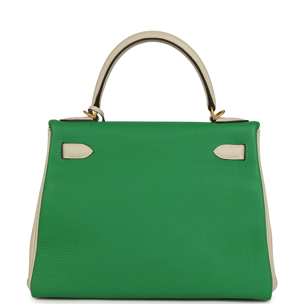 Pre-owned Hermes Special Order (HSS) Kelly Retourne 28 Bambou and Craie Togo Brushed Gold Hardware