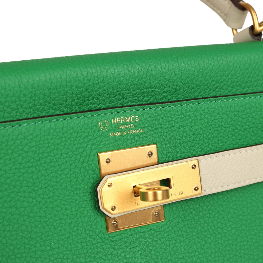 Pre-owned Hermes Special Order (HSS) Kelly Retourne 28 Bambou and Craie Togo Brushed Gold Hardware
