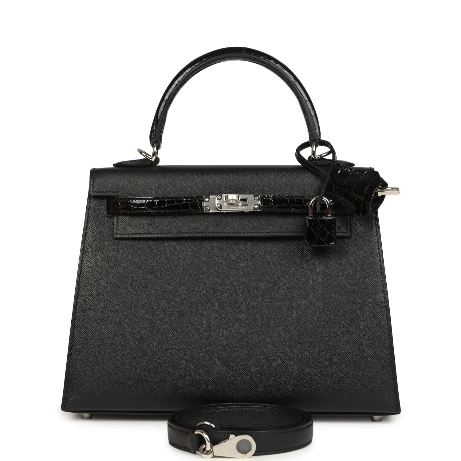 Hermes Kelly Sellier 25 Black Madame and Shiny Niloticus Crocodile Touch Palladium Hardware