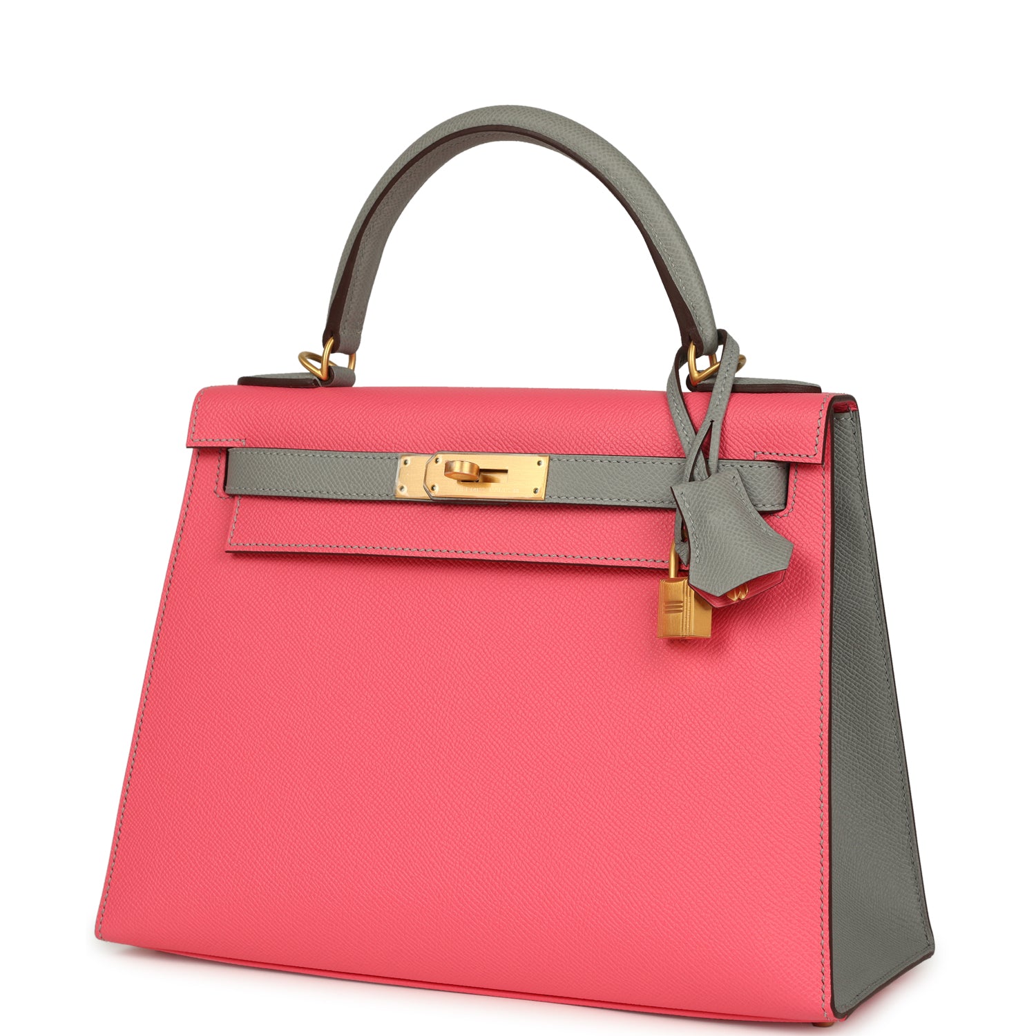 Hermes Special Order (HSS) Kelly Sellier 28 Rose Azalee and Gris Mouette Epsom Brushed Gold Hardware