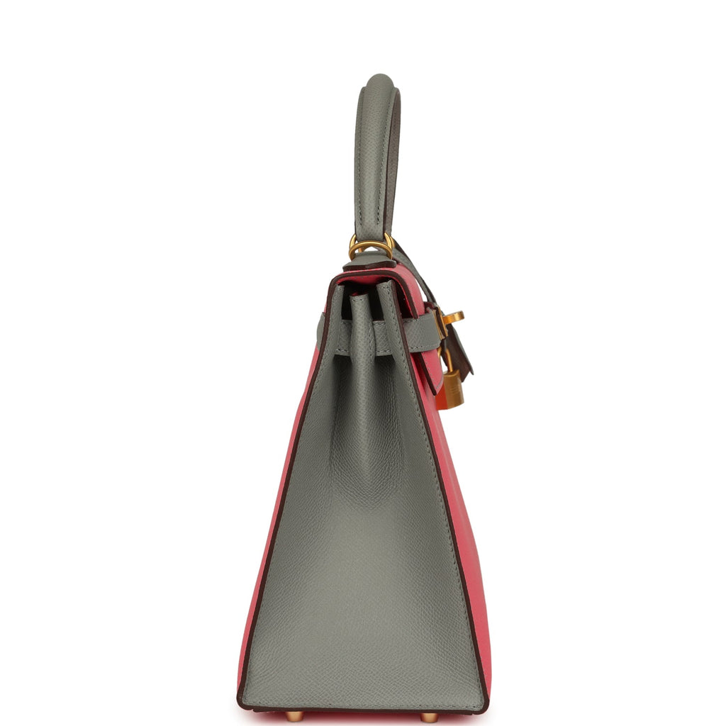 Hermes Special Order (HSS) Kelly Sellier 28 Rose Azalee and Gris Mouette Epsom Brushed Gold Hardware