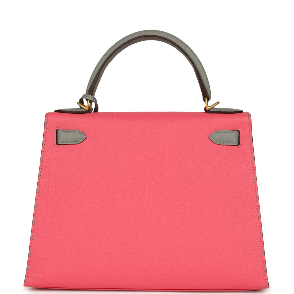 Hermes Special Order (HSS) Kelly Sellier 28 Rose Azalee and Gris Mouette Epsom Brushed Gold Hardware