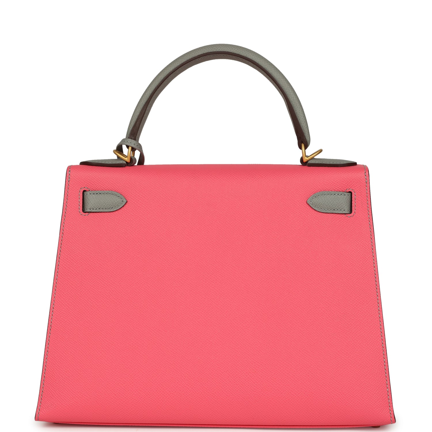 Hermes Special Order (HSS) Kelly Sellier 28 Rose Azalee and Gris Mouette Epsom Brushed Gold Hardware