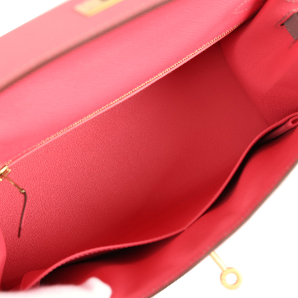 Hermes Special Order (HSS) Kelly Sellier 28 Rose Azalee and Gris Mouette Epsom Brushed Gold Hardware