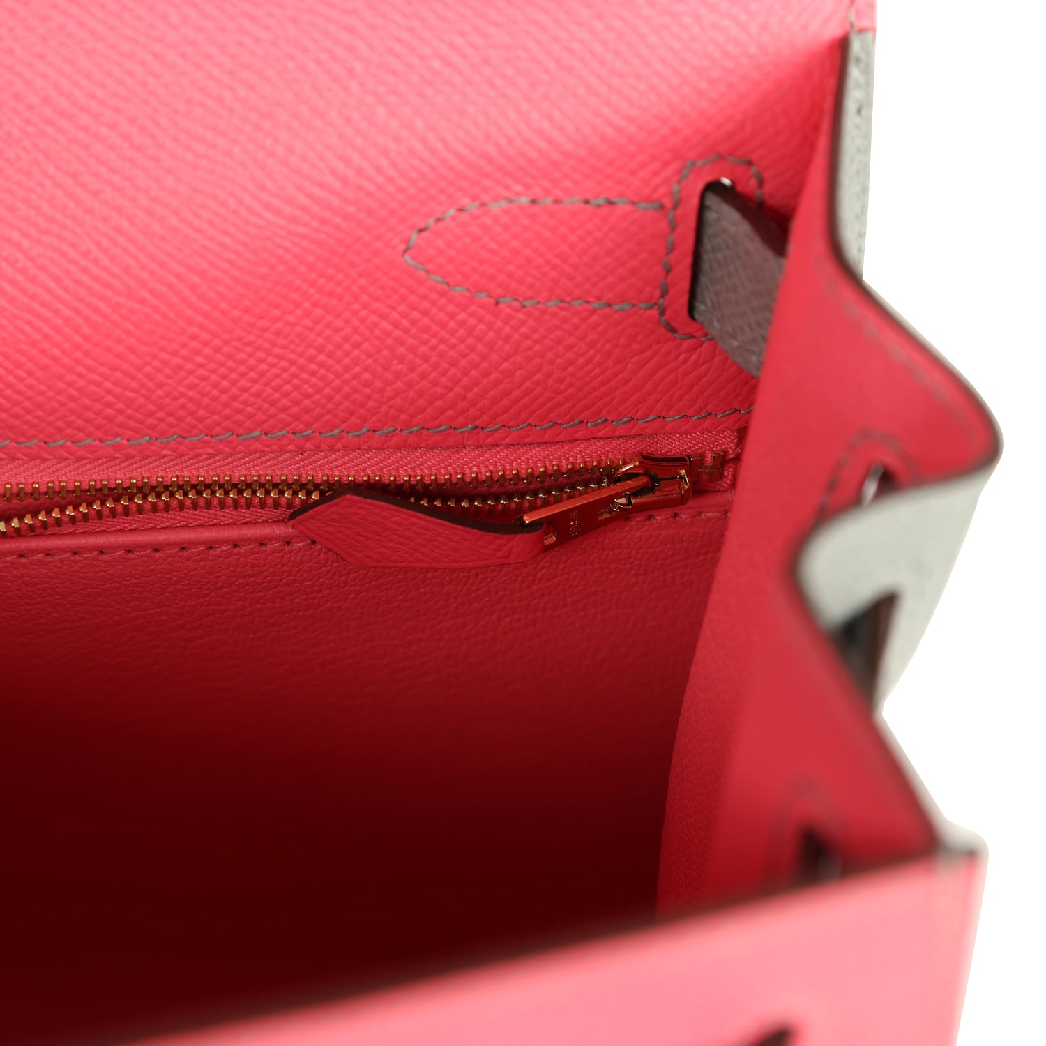 Hermes Special Order (HSS) Kelly Sellier 28 Rose Azalee and Gris Mouette Epsom Brushed Gold Hardware