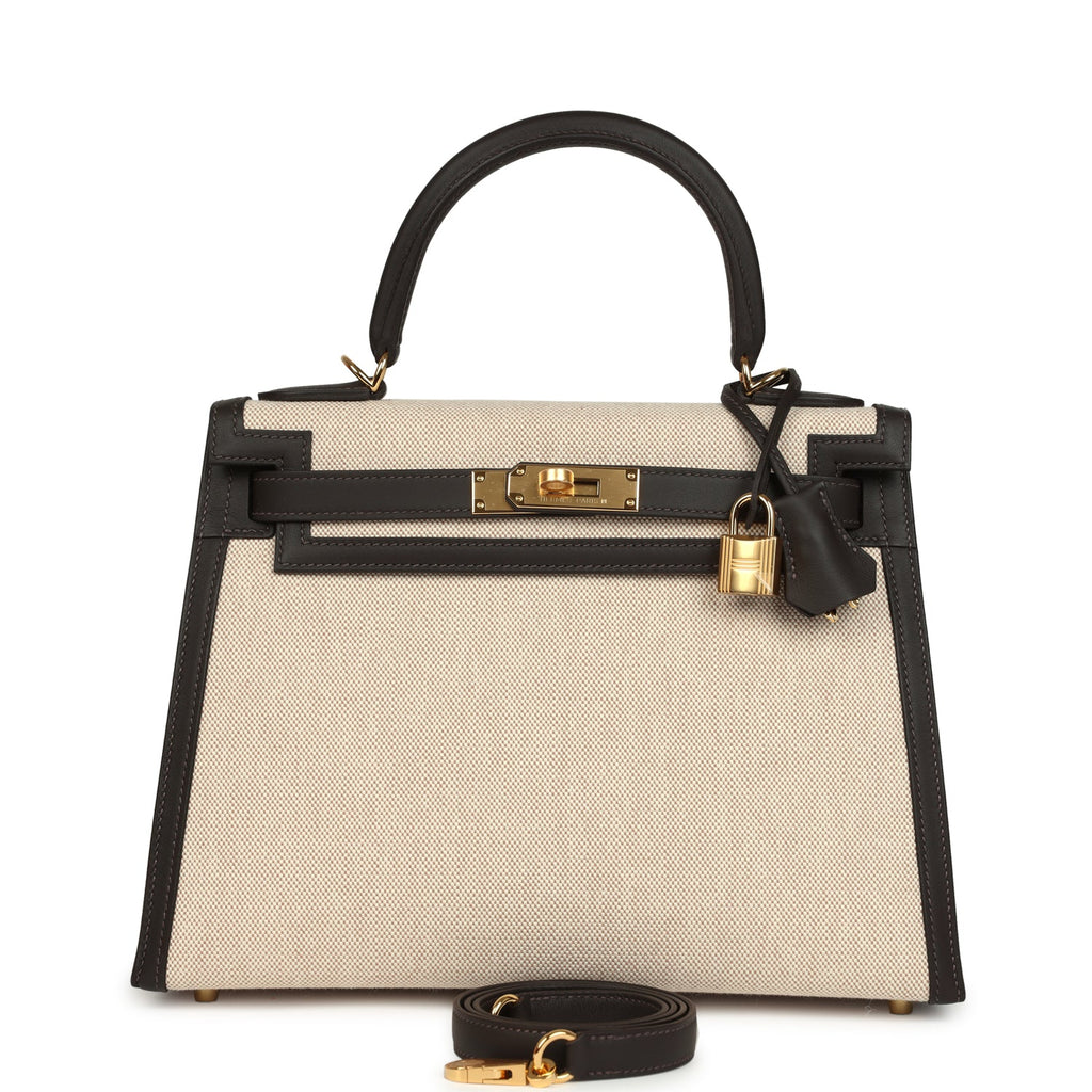 Hermes Kelly Sellier 28 Bai Brun Swift and Ecru-Beige Toile H Canvas Gold Hardware