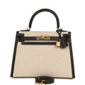 Hermes Kelly Sellier 28 Bai Brun Swift and Ecru-Beige Toile H Canvas Gold Hardware
