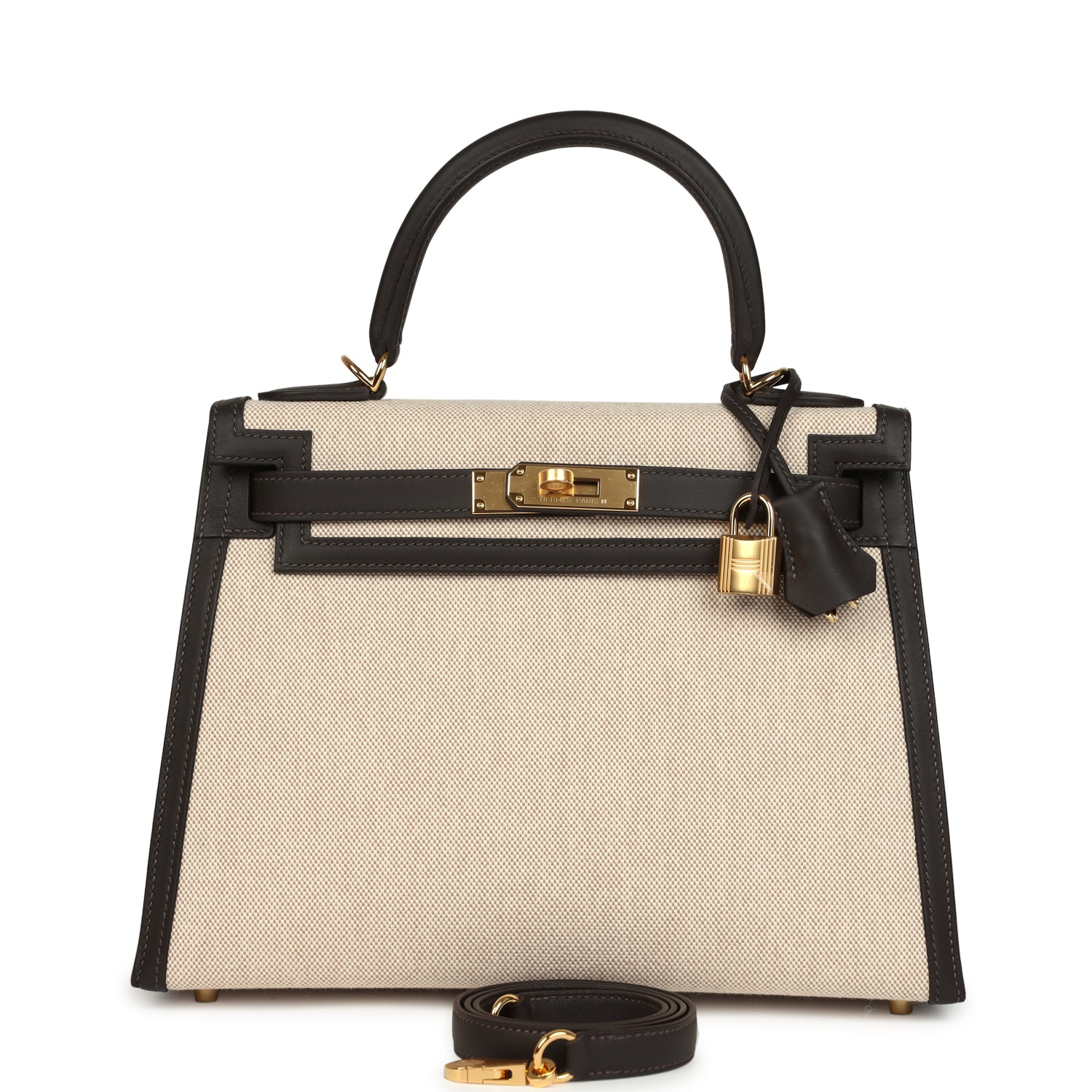 Hermes Kelly Sellier 28 Bai Brun Swift and Ecru-Beige Toile H Canvas Gold Hardware