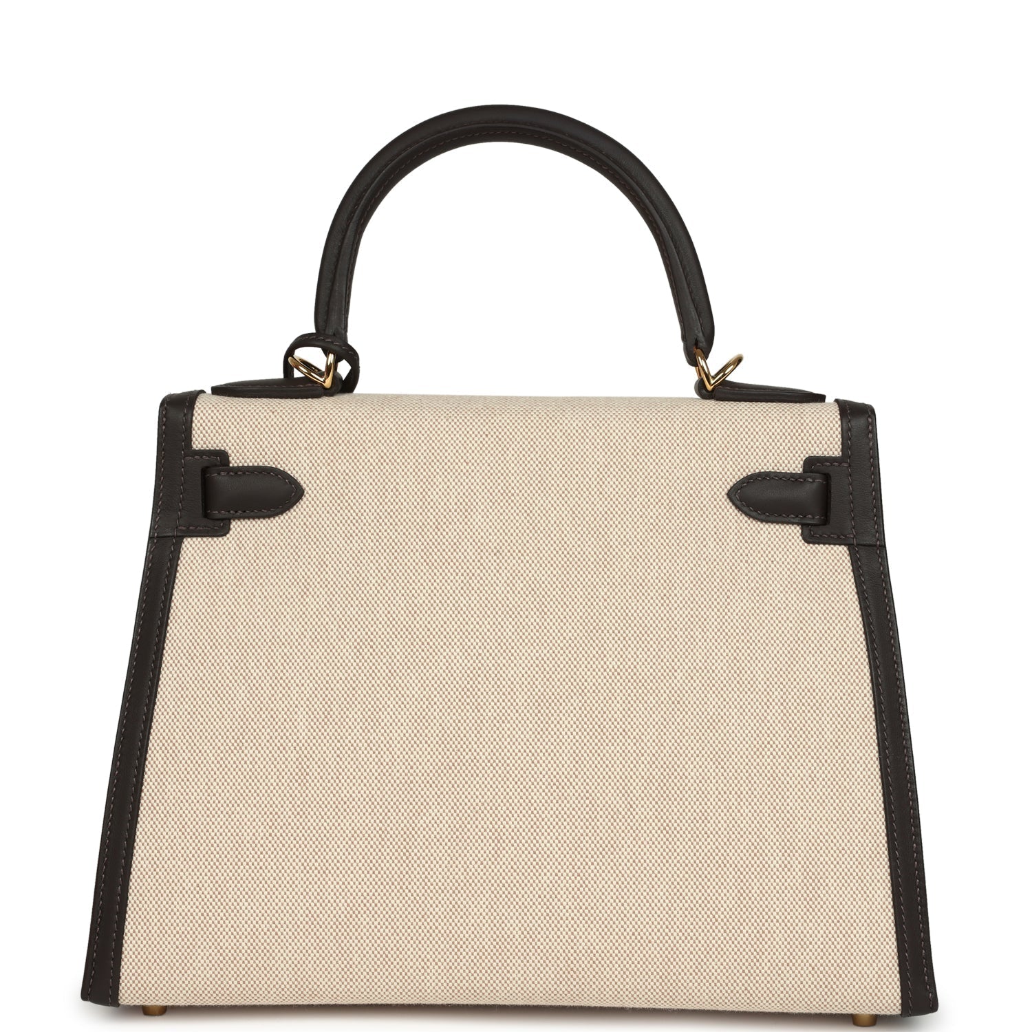 Hermes Kelly Sellier 28 Bai Brun Swift and Ecru-Beige Toile H Canvas Gold Hardware