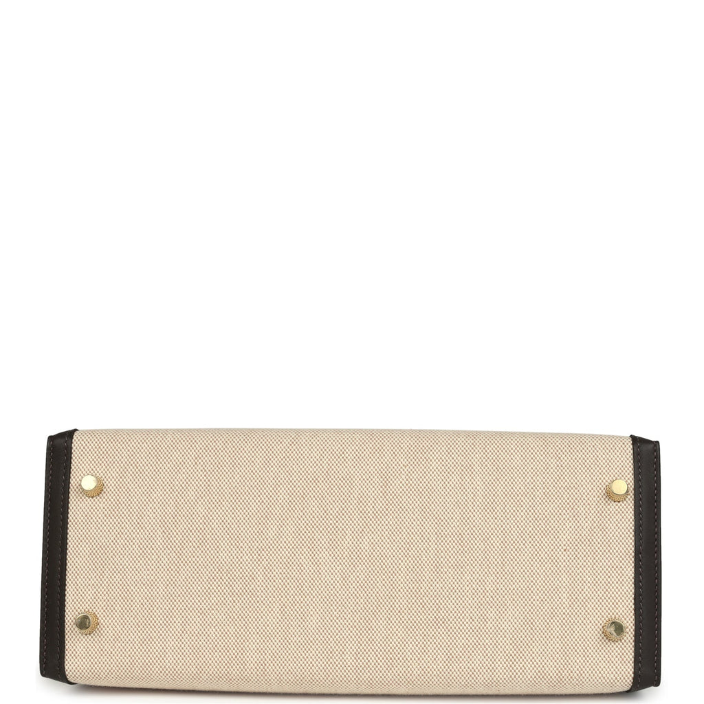 Hermes Kelly Sellier 28 Bai Brun Swift and Ecru-Beige Toile H Canvas Gold Hardware