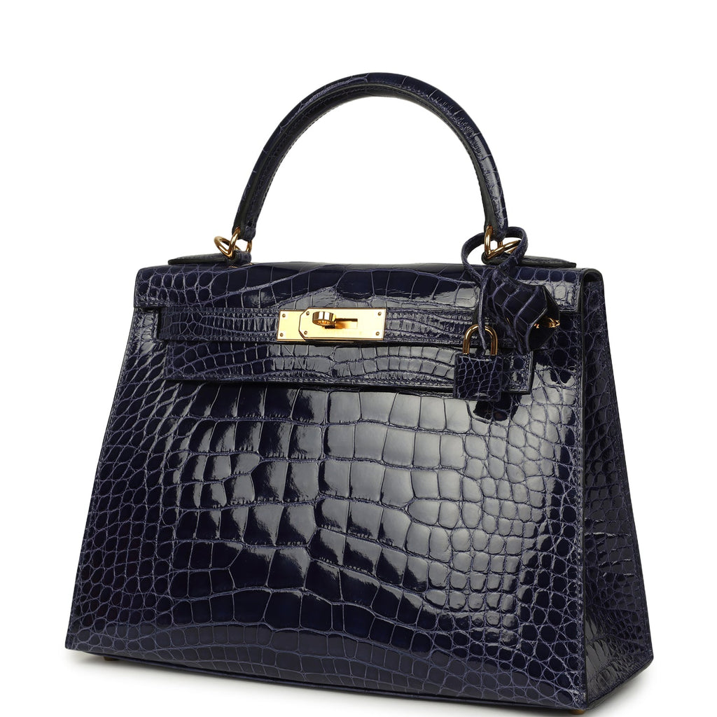 Pre-owned Hermes Kelly Sellier 28 Bleu Encre Shiny Alligator Gold Hardware