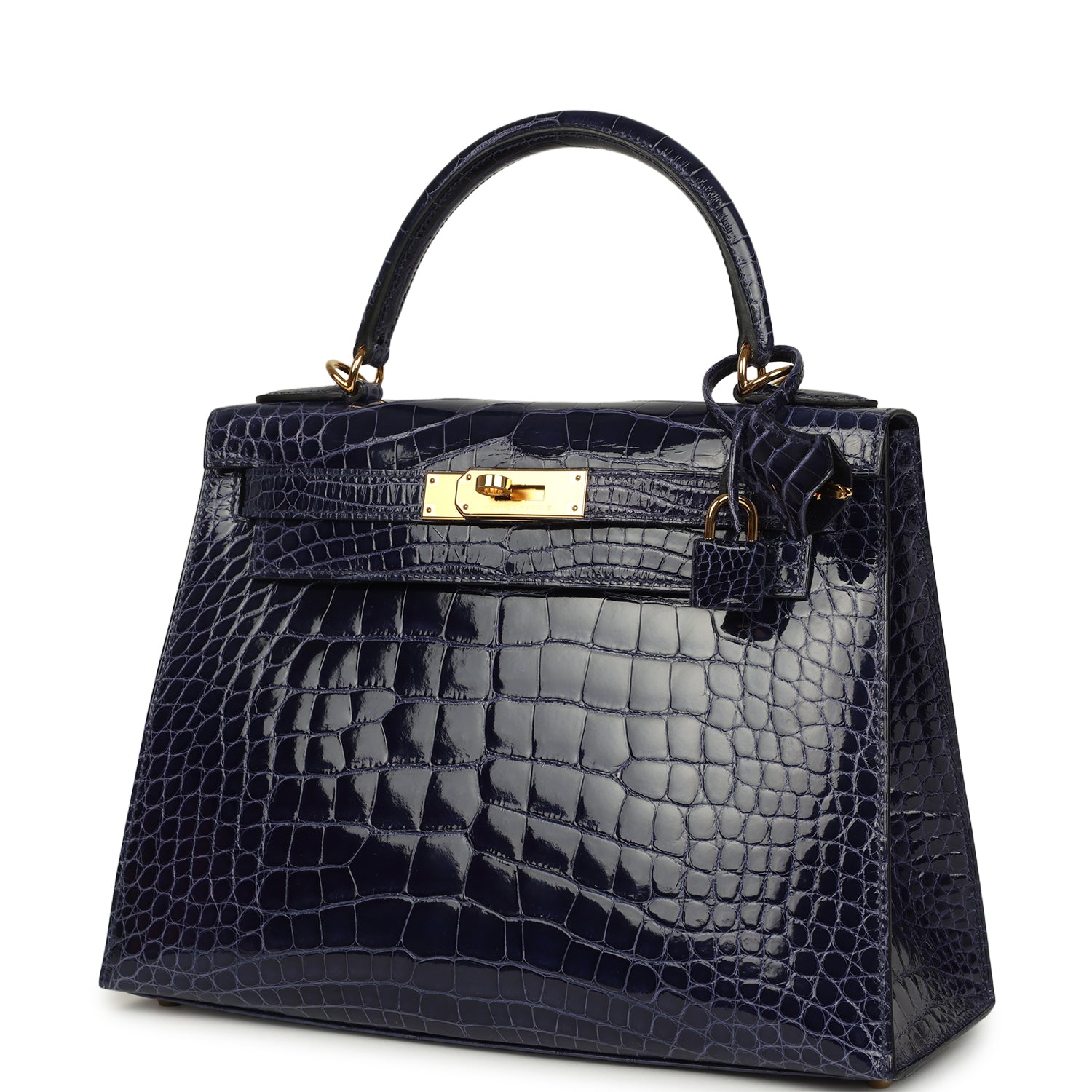 Pre-owned Hermes Kelly Sellier 28 Bleu Encre Shiny Alligator Gold Hardware
