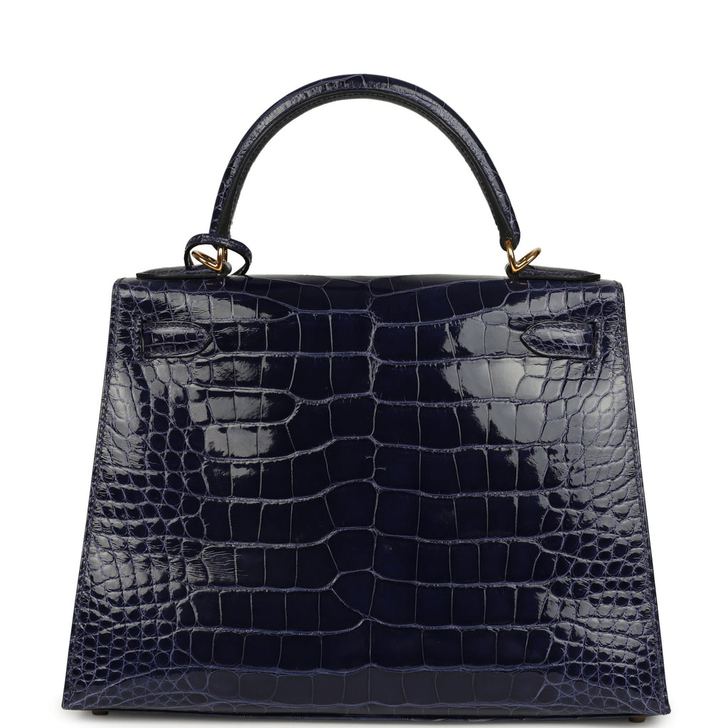 Pre-owned Hermes Kelly Sellier 28 Bleu Encre Shiny Alligator Gold Hardware