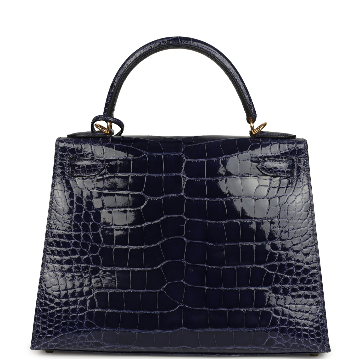 Pre-owned Hermes Kelly Sellier 28 Bleu Encre Shiny Alligator Gold Hardware