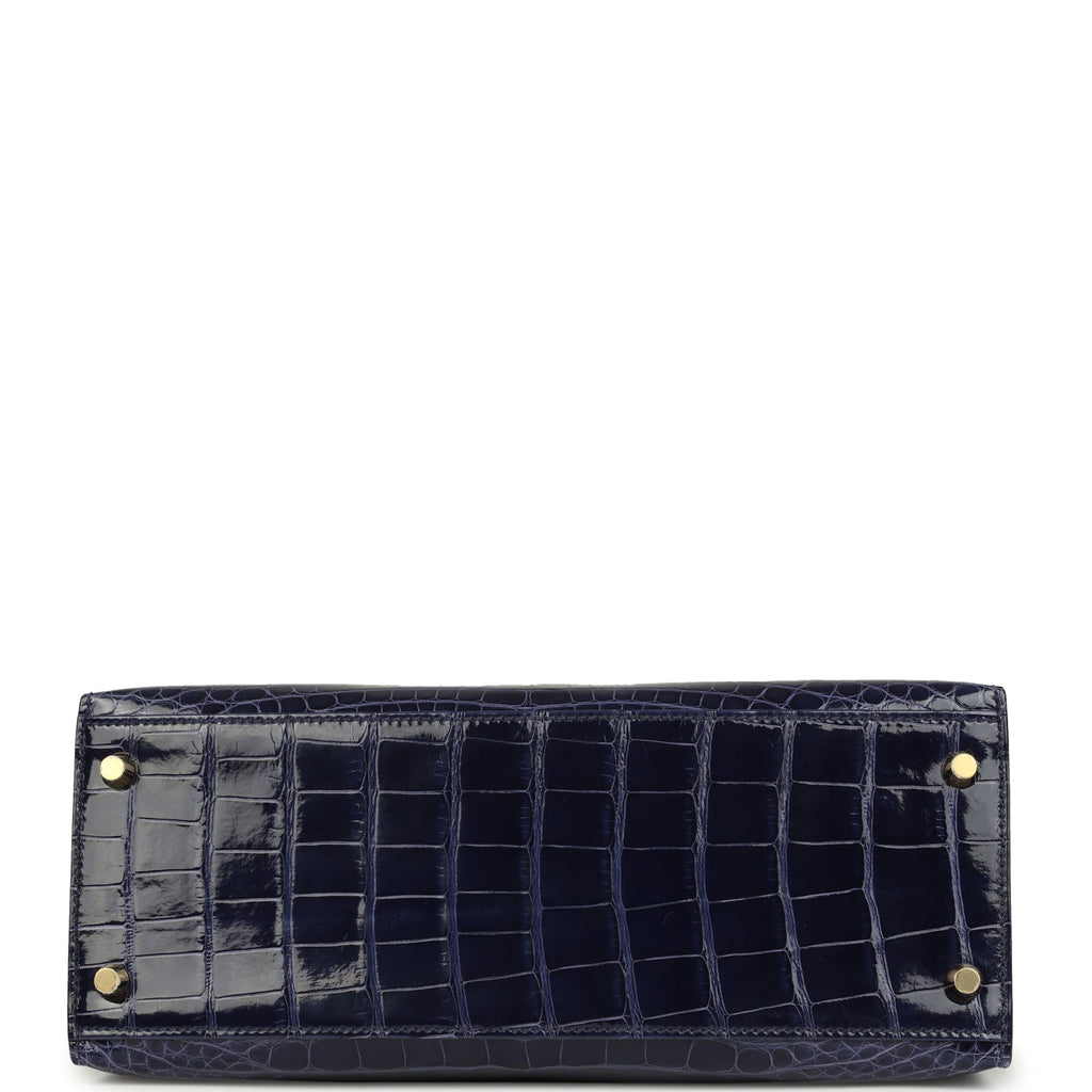 Pre-owned Hermes Kelly Sellier 28 Bleu Encre Shiny Alligator Gold Hardware