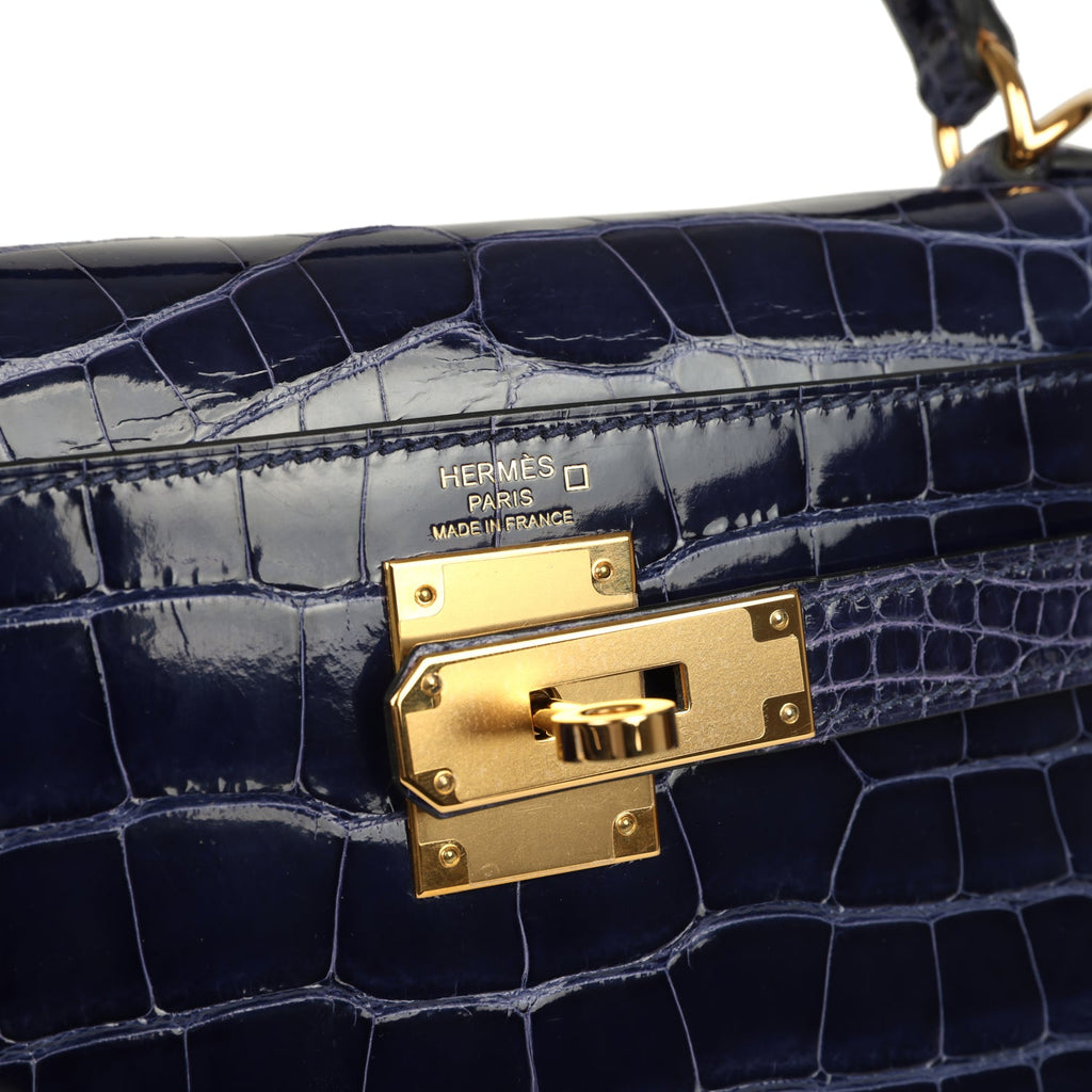Pre-owned Hermes Kelly Sellier 28 Bleu Encre Shiny Alligator Gold Hardware