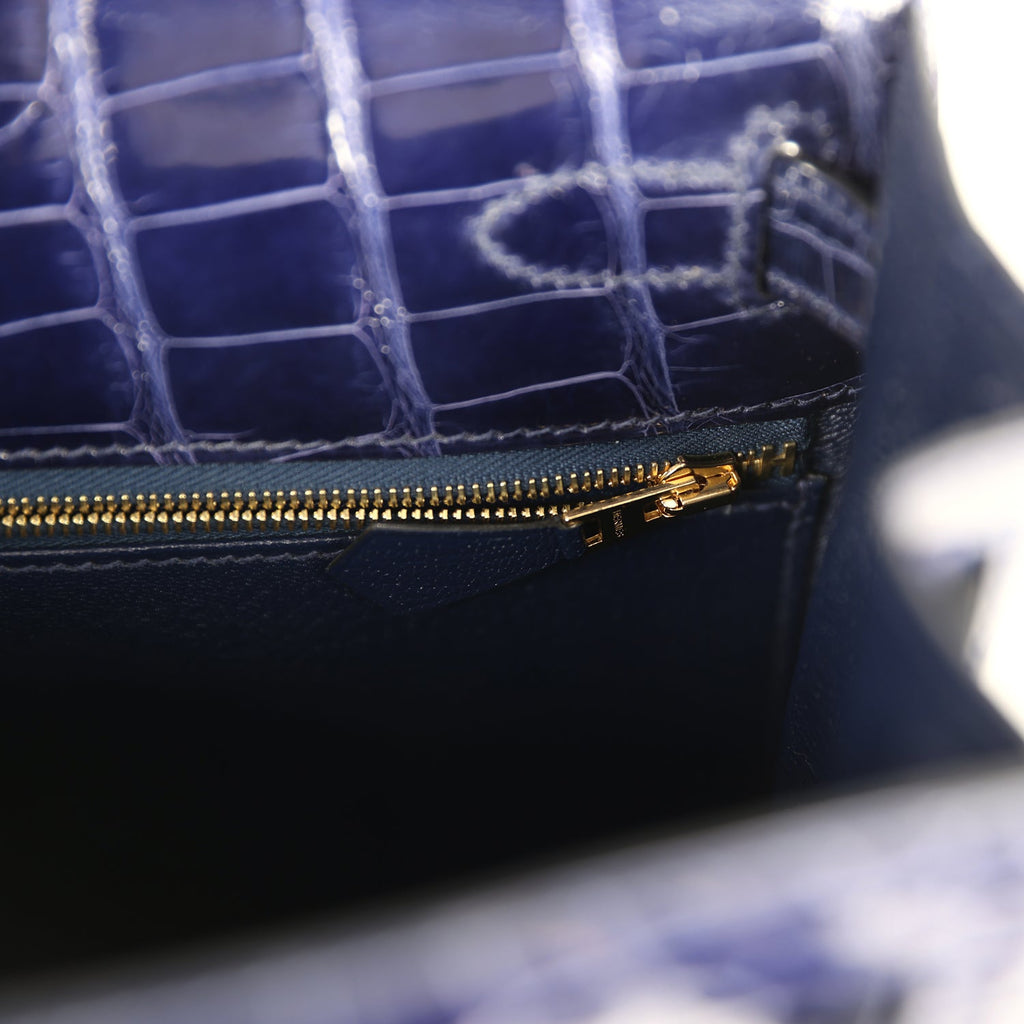 Pre-owned Hermes Kelly Sellier 28 Bleu Encre Shiny Alligator Gold Hardware