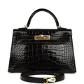 Hermes Kelly Sellier 20 Black Shiny Alligator Gold Hardware