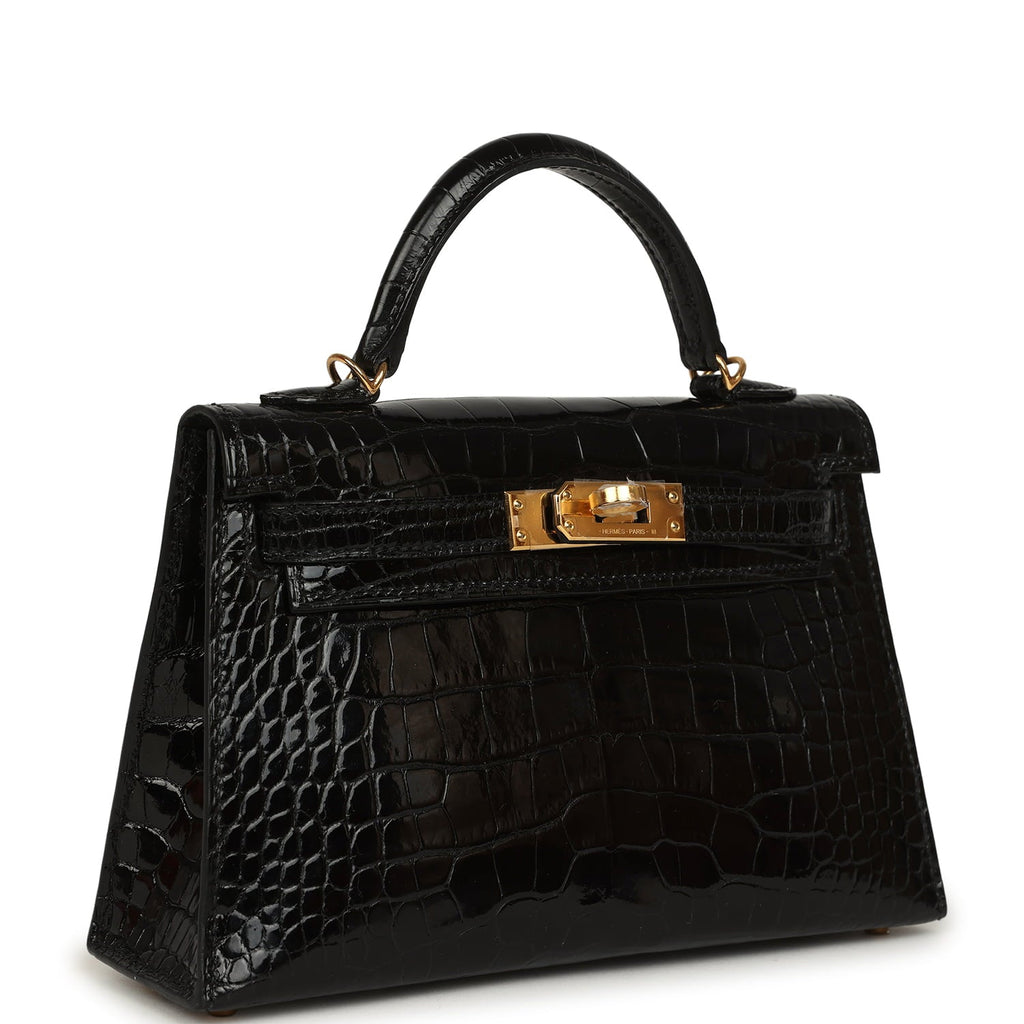Hermes Kelly Sellier 20 Black Shiny Alligator Gold Hardware