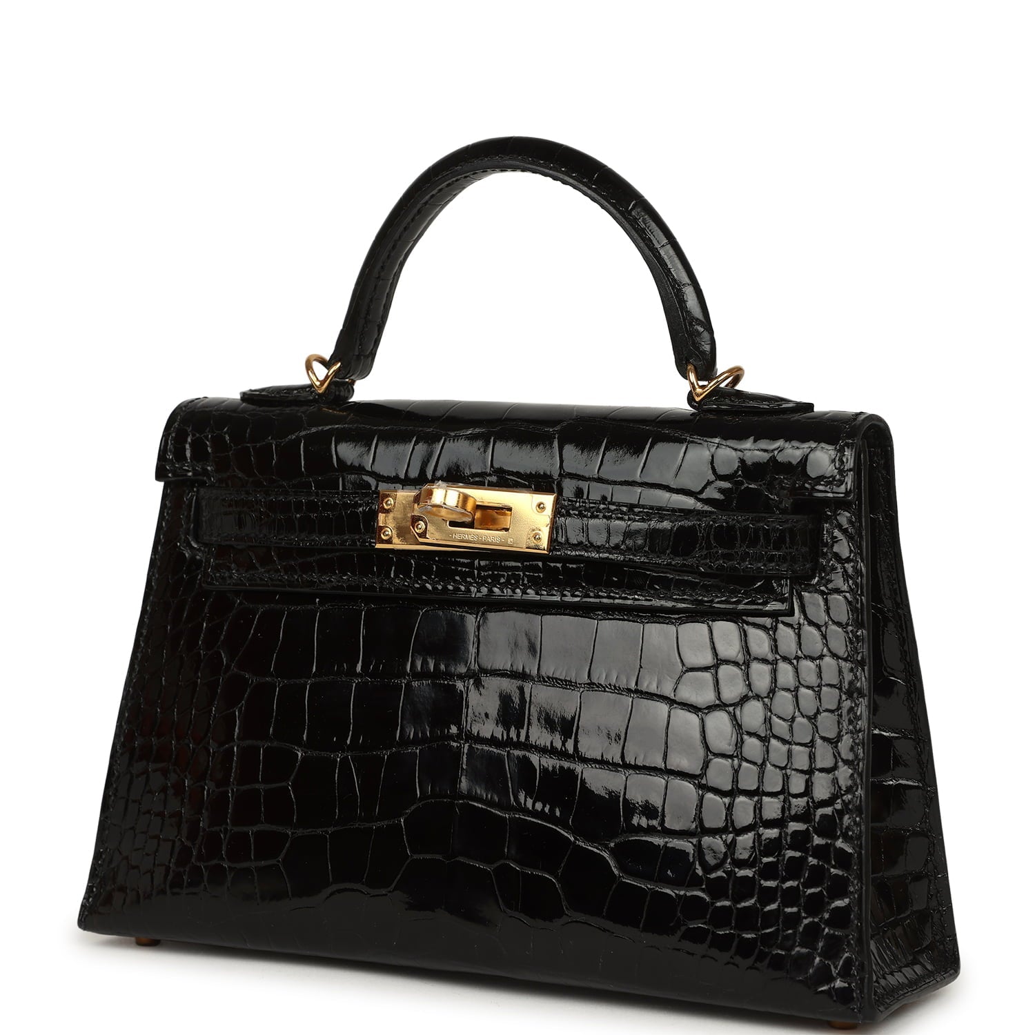 Hermes Kelly Sellier 20 Black Shiny Alligator Gold Hardware