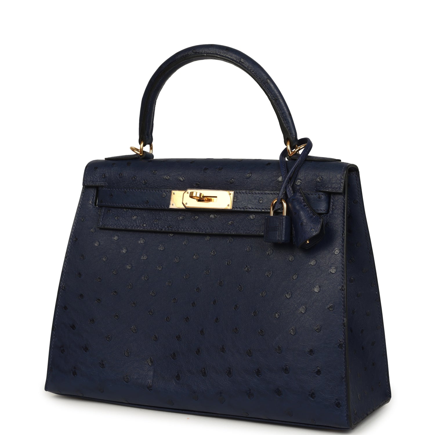 Pre-owned Hermes Kelly Sellier 28 Bleu Iris Ostrich Gold Hardware