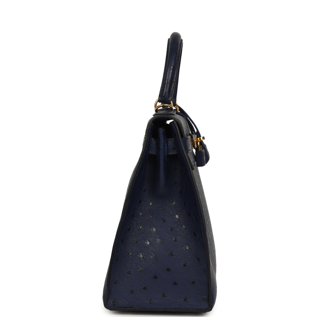 Pre-owned Hermes Kelly Sellier 28 Bleu Iris Ostrich Gold Hardware