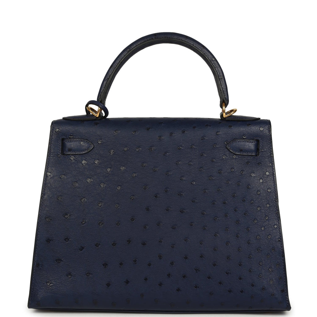 Pre-owned Hermes Kelly Sellier 28 Bleu Iris Ostrich Gold Hardware