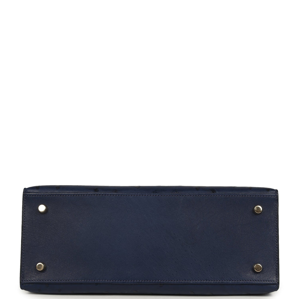 Pre-owned Hermes Kelly Sellier 28 Bleu Iris Ostrich Gold Hardware
