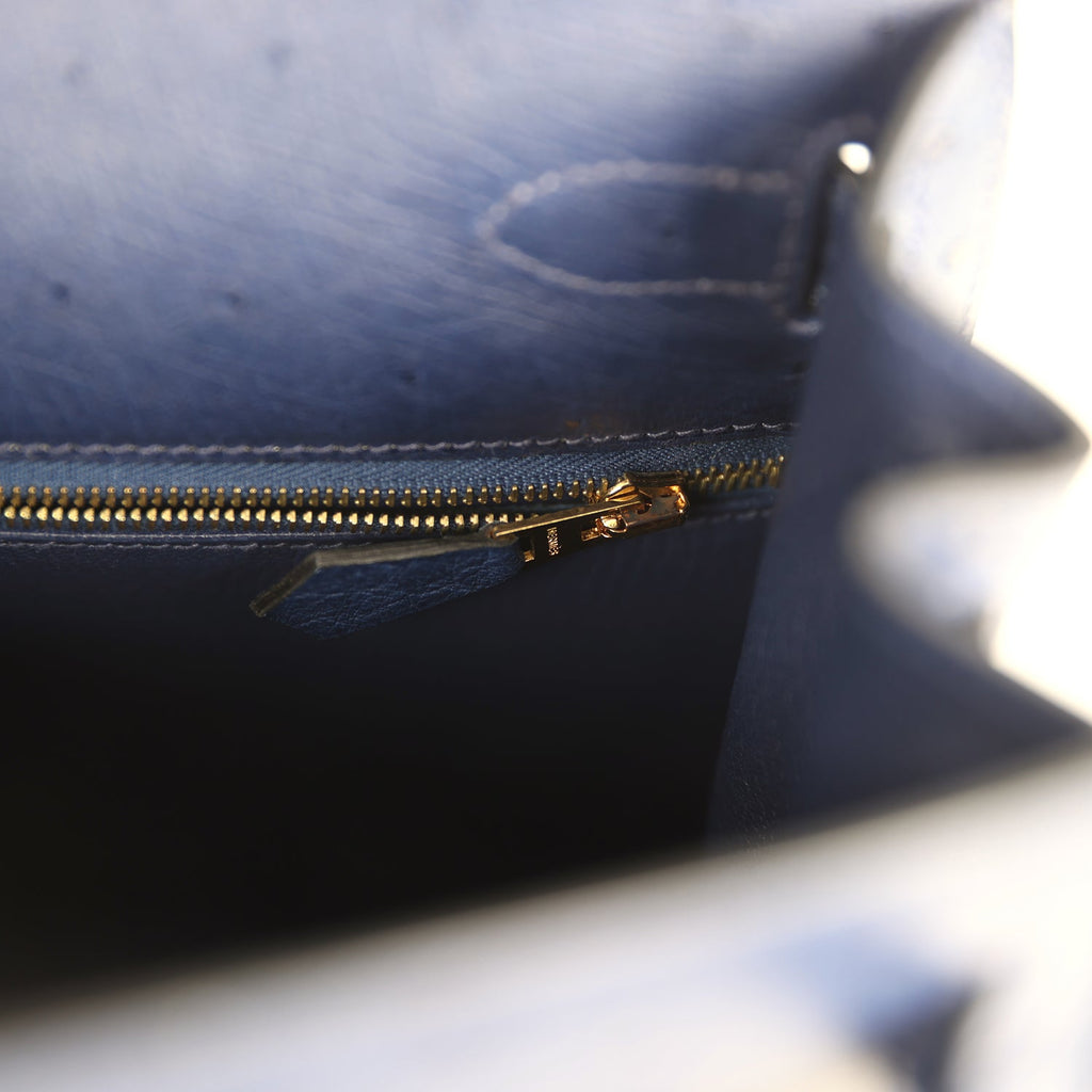 Pre-owned Hermes Kelly Sellier 28 Bleu Iris Ostrich Gold Hardware