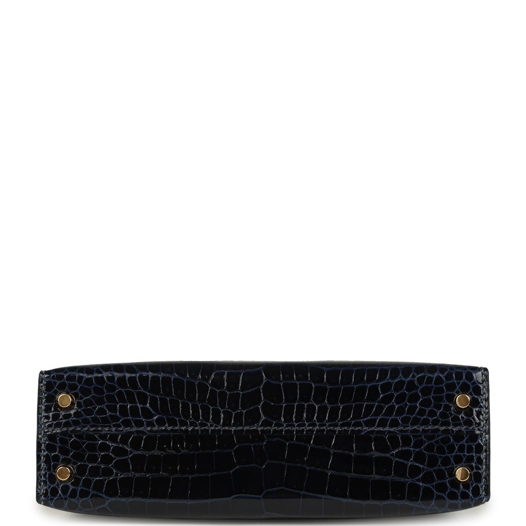 Hermes Kelly Sellier 20 Bleu Marine Shiny Porosus Crocodile Gold Hardware
