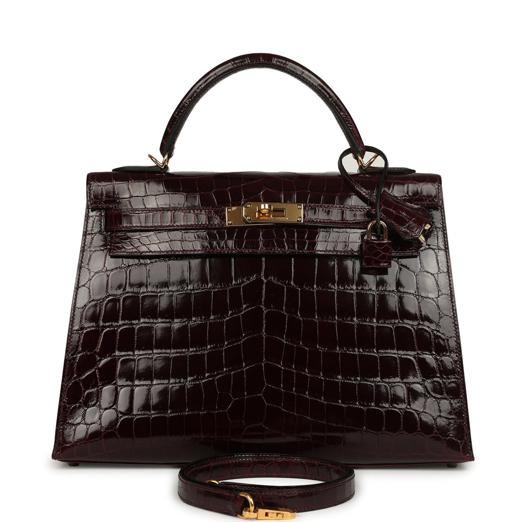 Pre-owned Hermes Kelly Sellier 32 Bordeaux Shiny Niloticus Crocodile Gold Hardware
