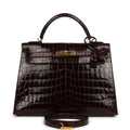Pre-owned Hermes Kelly Sellier 32 Bordeaux Shiny Niloticus Crocodile Gold Hardware