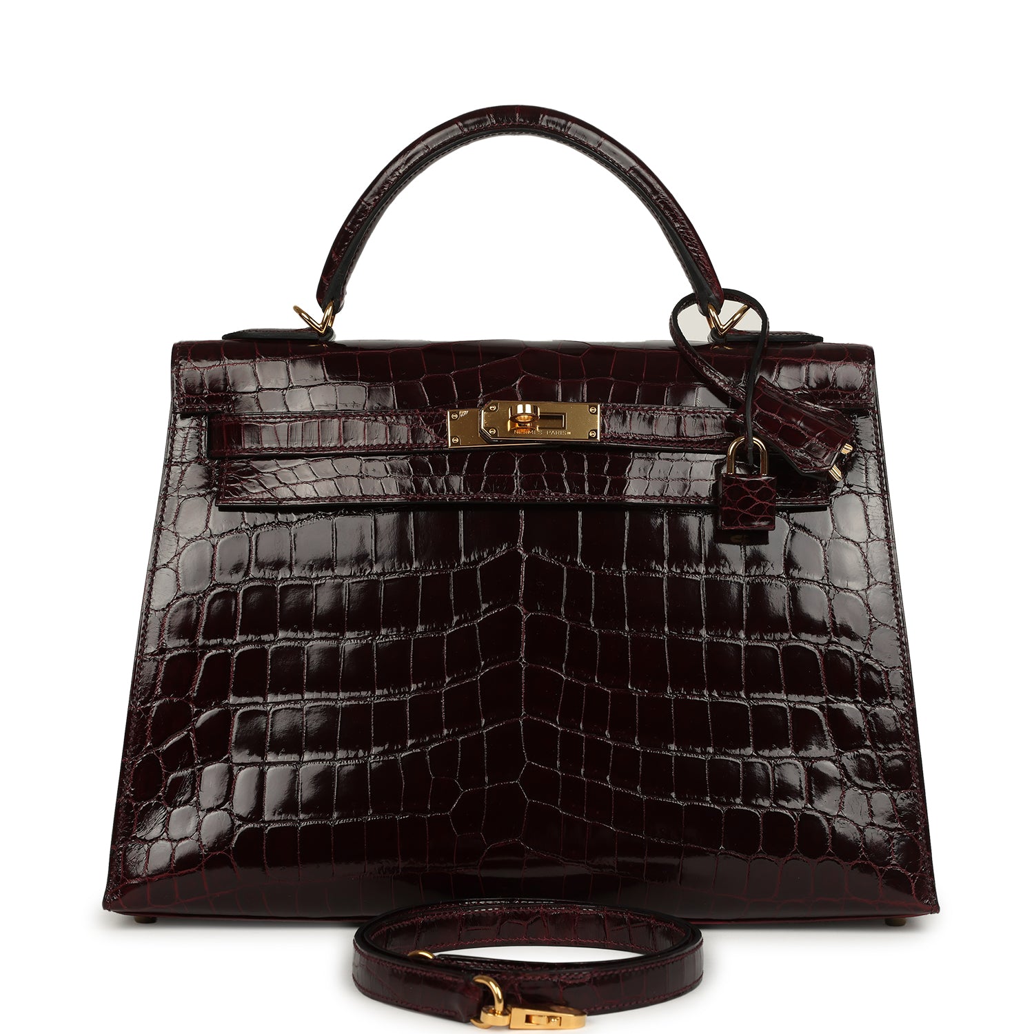 Pre-owned Hermes Kelly Sellier 32 Bordeaux Shiny Niloticus Crocodile Gold Hardware